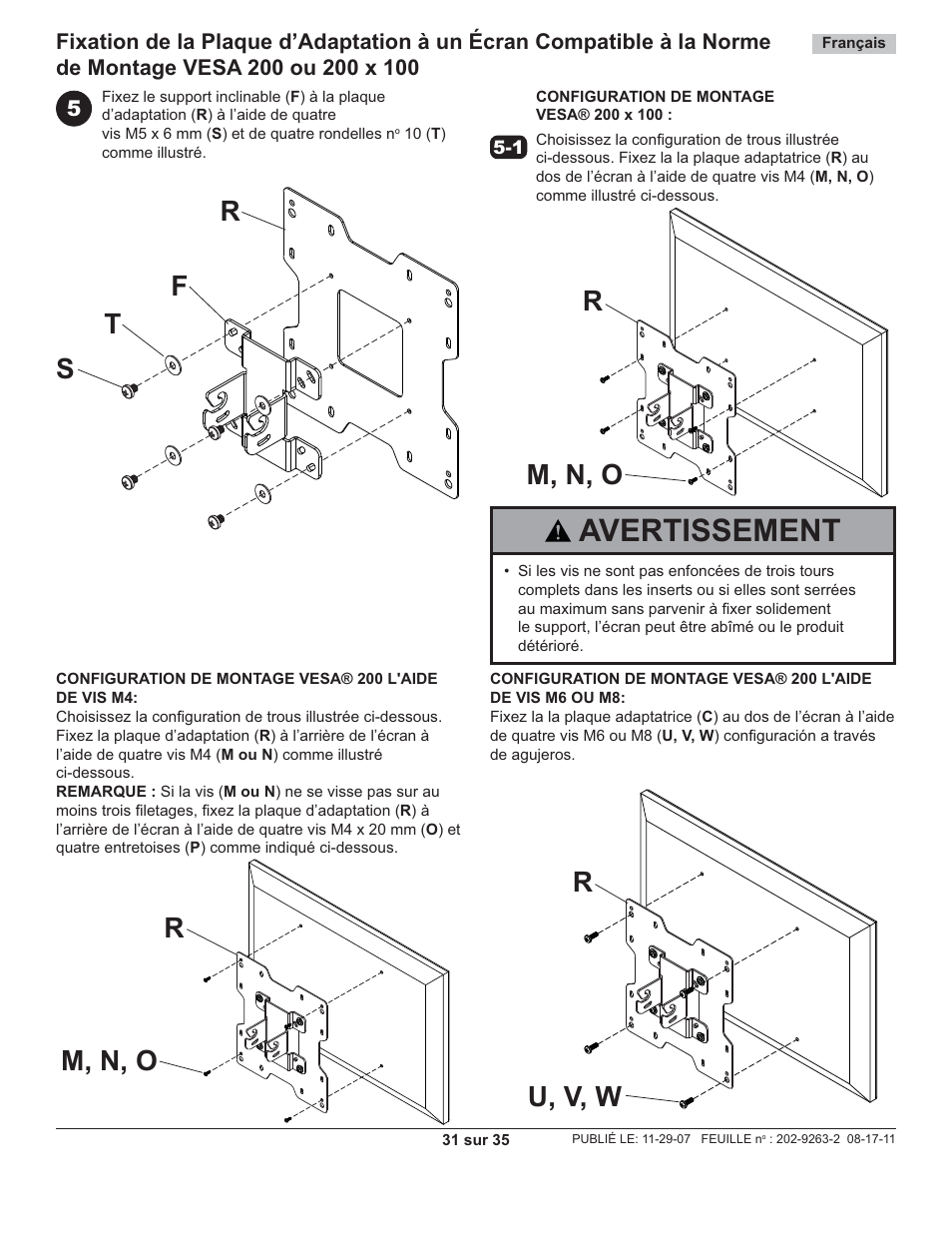 Avertissement | Peerless-AV PC932C-W - Installation User Manual | Page 31 / 35