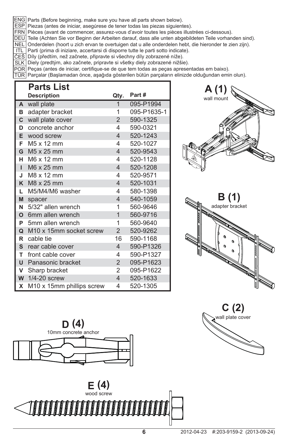 A (1), C (2), B (1) | D (4), E (4), Parts list | Peerless-AV SA771PU - Installation User Manual | Page 6 / 32