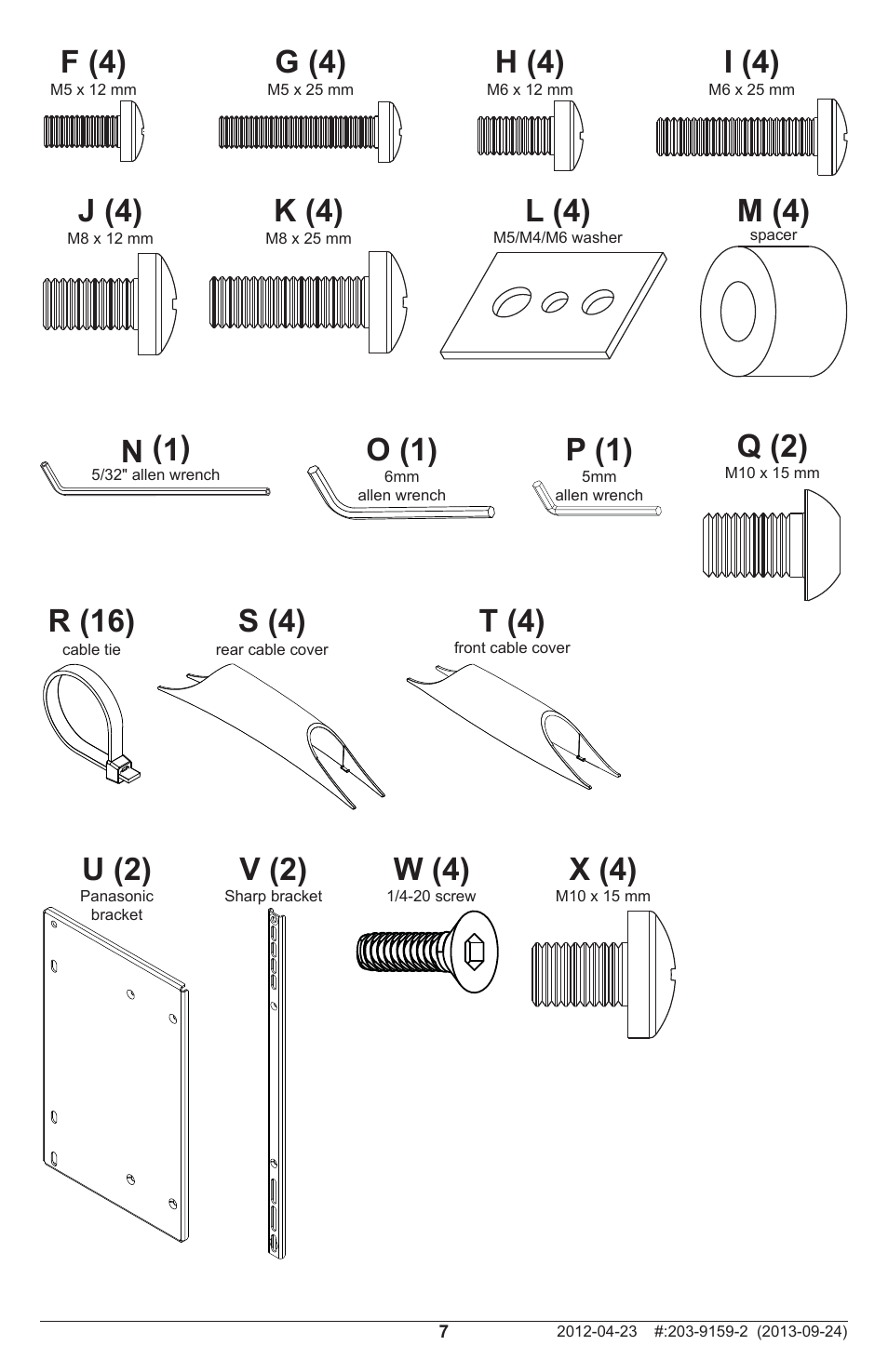 N (1), O (1), P (1) | Q (2), W (4), R (16), S (4), T (4), U (2), X (4) | Peerless-AV SA771PU - Installation User Manual | Page 7 / 32