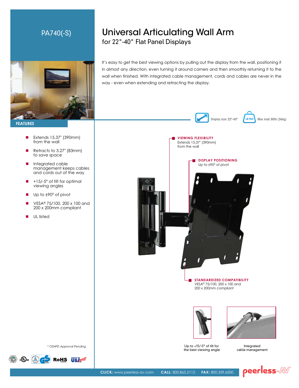 Peerless-AV PA740  - Sell Sheet User Manual | 2 pages