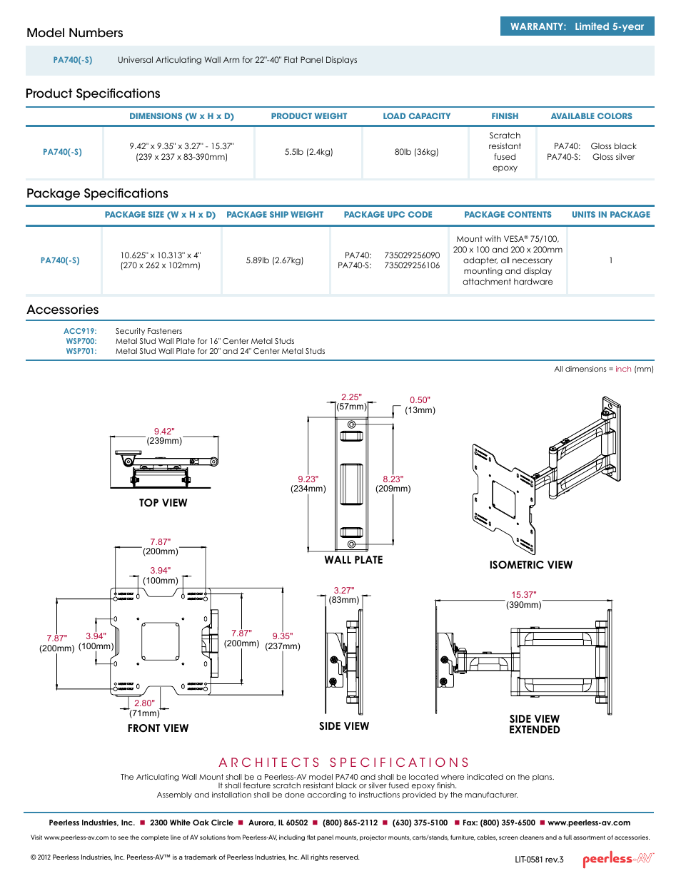 Package specifications accessories, Product specifications model numbers | Peerless-AV PA740  - Sell Sheet User Manual | Page 2 / 2