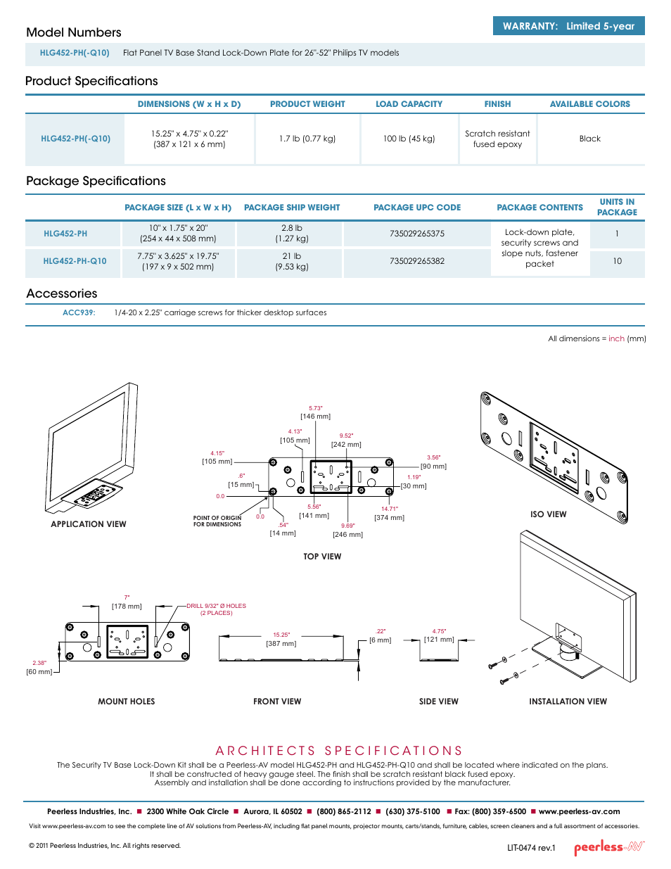 Product specifications model numbers, Package specifications accessories, Warranty: limited 5-year | Peerless-AV HLG452-PH-Q10  - Sell Sheet User Manual | Page 2 / 2