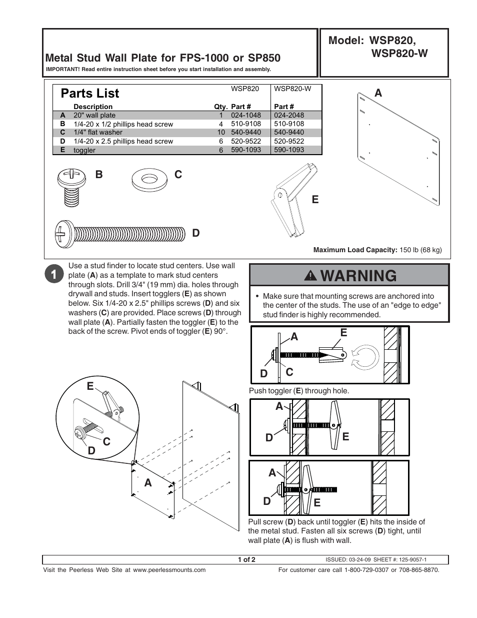 Peerless-AV WSP820 - Installation User Manual | 2 pages