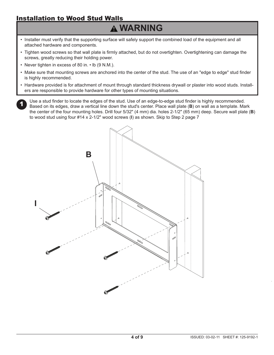 Warning, Installation to wood stud walls | Peerless-AV HT642-002 - Installation User Manual | Page 4 / 9