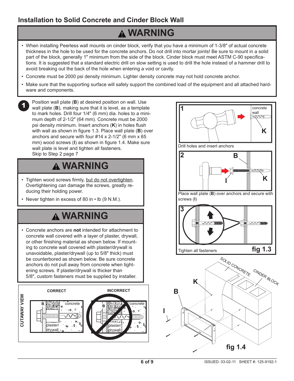 Warning, Ib 1 2, Ki k fig 1.3 fig 1.4 | Peerless-AV HT642-002 - Installation User Manual | Page 6 / 9