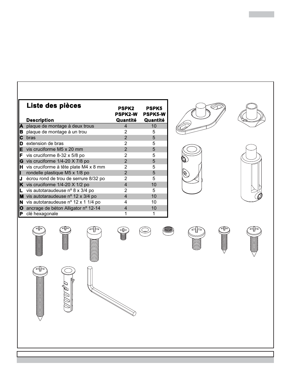 Outils nécessaires pour l’assemblage, Liste des pièces | Peerless-AV PSP5-W - Installation User Manual | Page 14 / 18