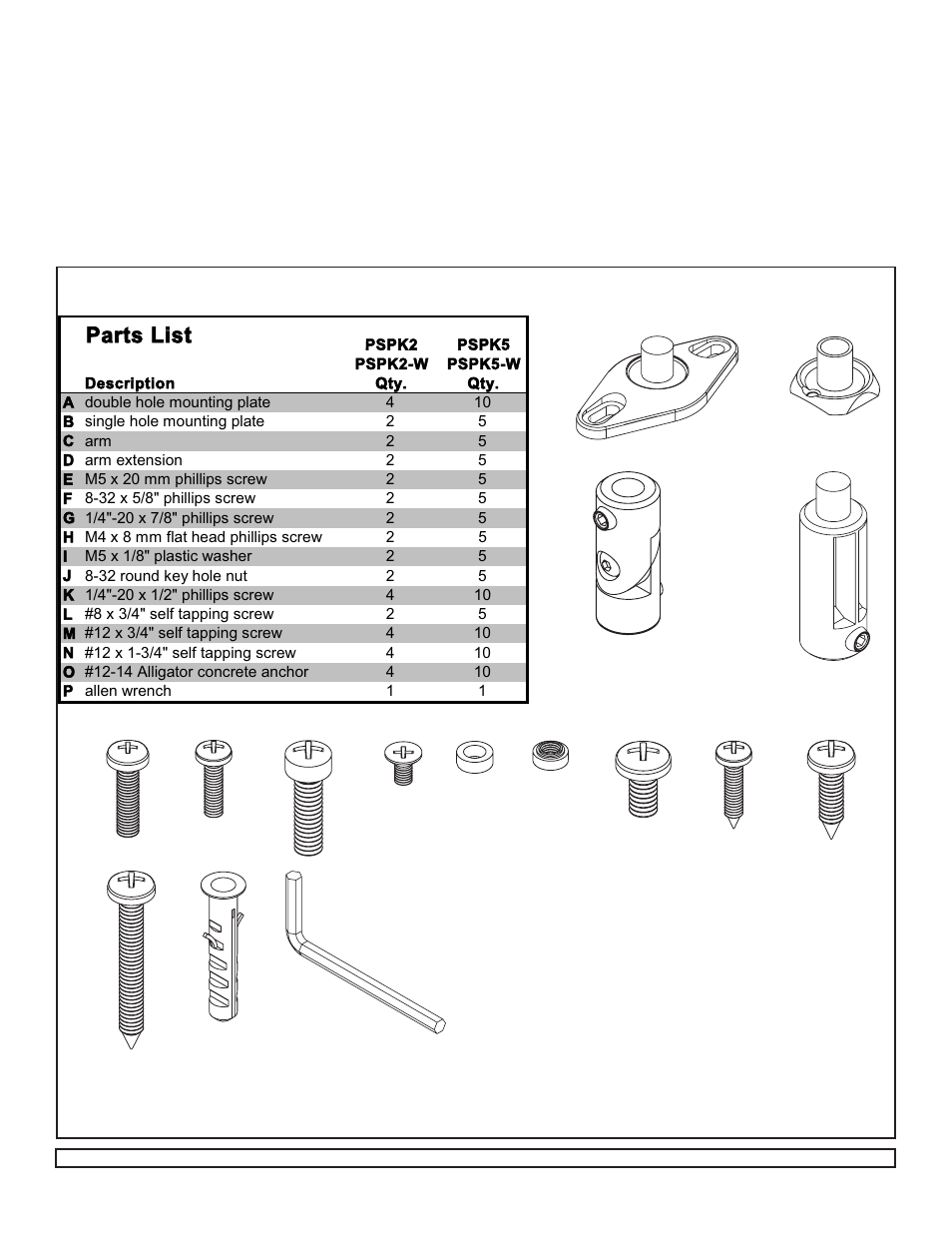 Tools needed for assembly, Parts list | Peerless-AV PSP5-W - Installation User Manual | Page 2 / 18