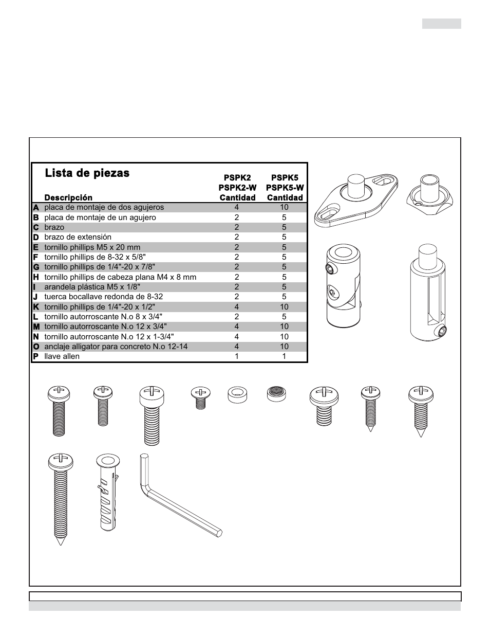 Herramientas necesarias para el ensamblaje, Lista de piezas | Peerless-AV PSP5-W - Installation User Manual | Page 8 / 18