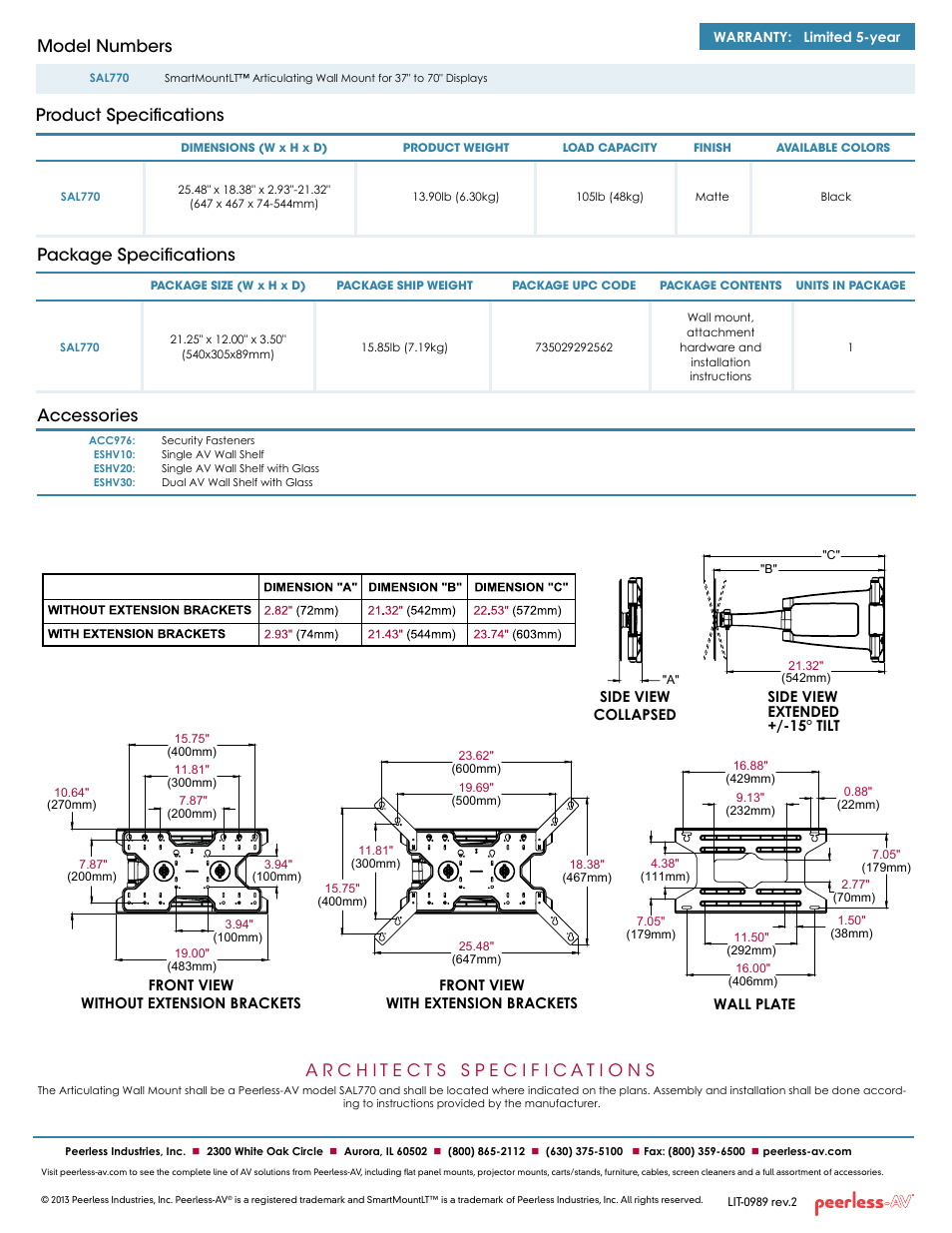 Package specifications accessories, Product specifications model numbers | Peerless-AV SAL770  - Sell Sheet User Manual | Page 2 / 2