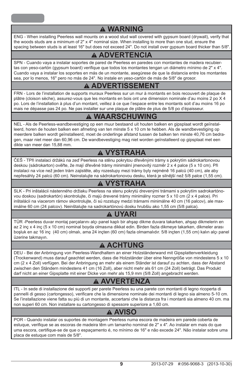 Achtung, Avvertenza, Aviso | Výstraha, Advertencia, Waarschuwing, Advertissement, Uyari, Warning | Peerless-AV PSTK-600 - Installation User Manual | Page 9 / 28