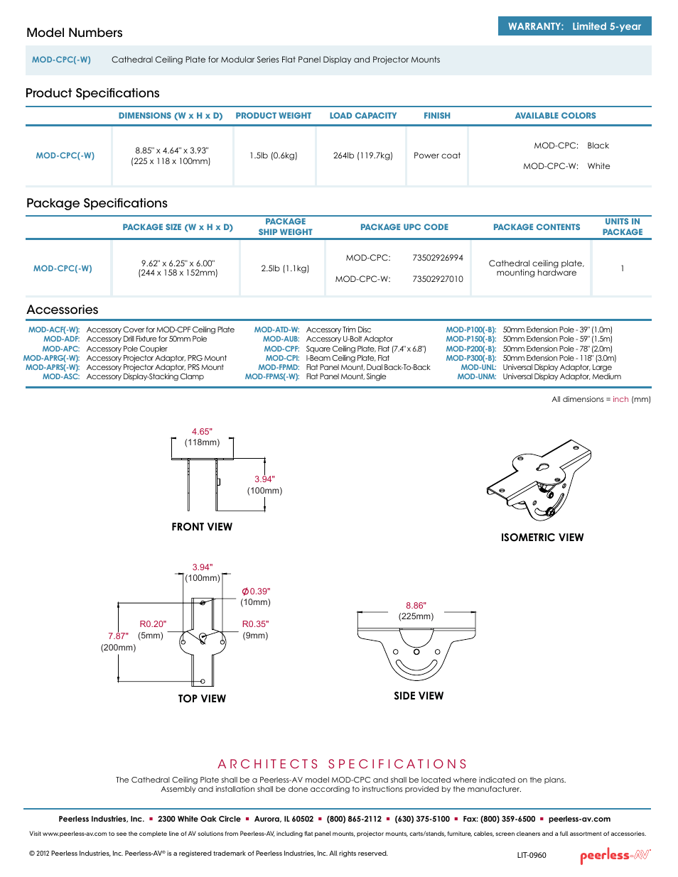 Package specifications, Product specifications model numbers, Accessories | Peerless-AV MOD-CPC-W  - Sell Sheet User Manual | Page 2 / 2