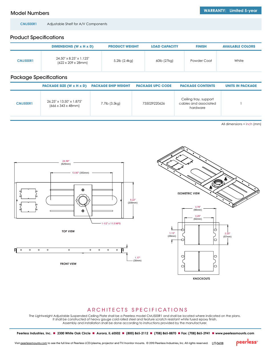 Package specifications, Product specifications model numbers, Warranty: limited 5-year | Peerless-AV CMJ500R1  - Sell Sheet User Manual | Page 2 / 2