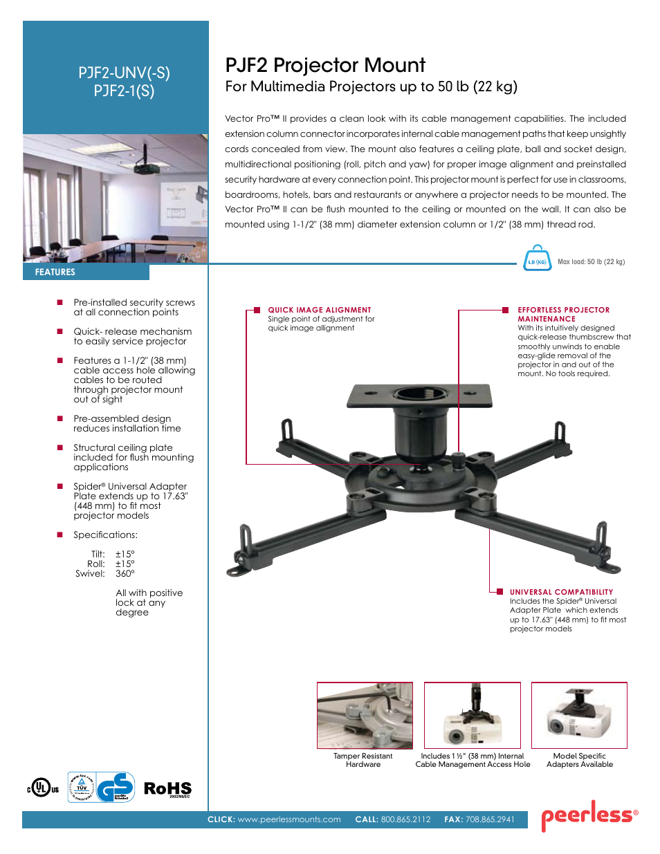 Peerless-AV PJF2-UNV-S  - Sell Sheet User Manual | 2 pages