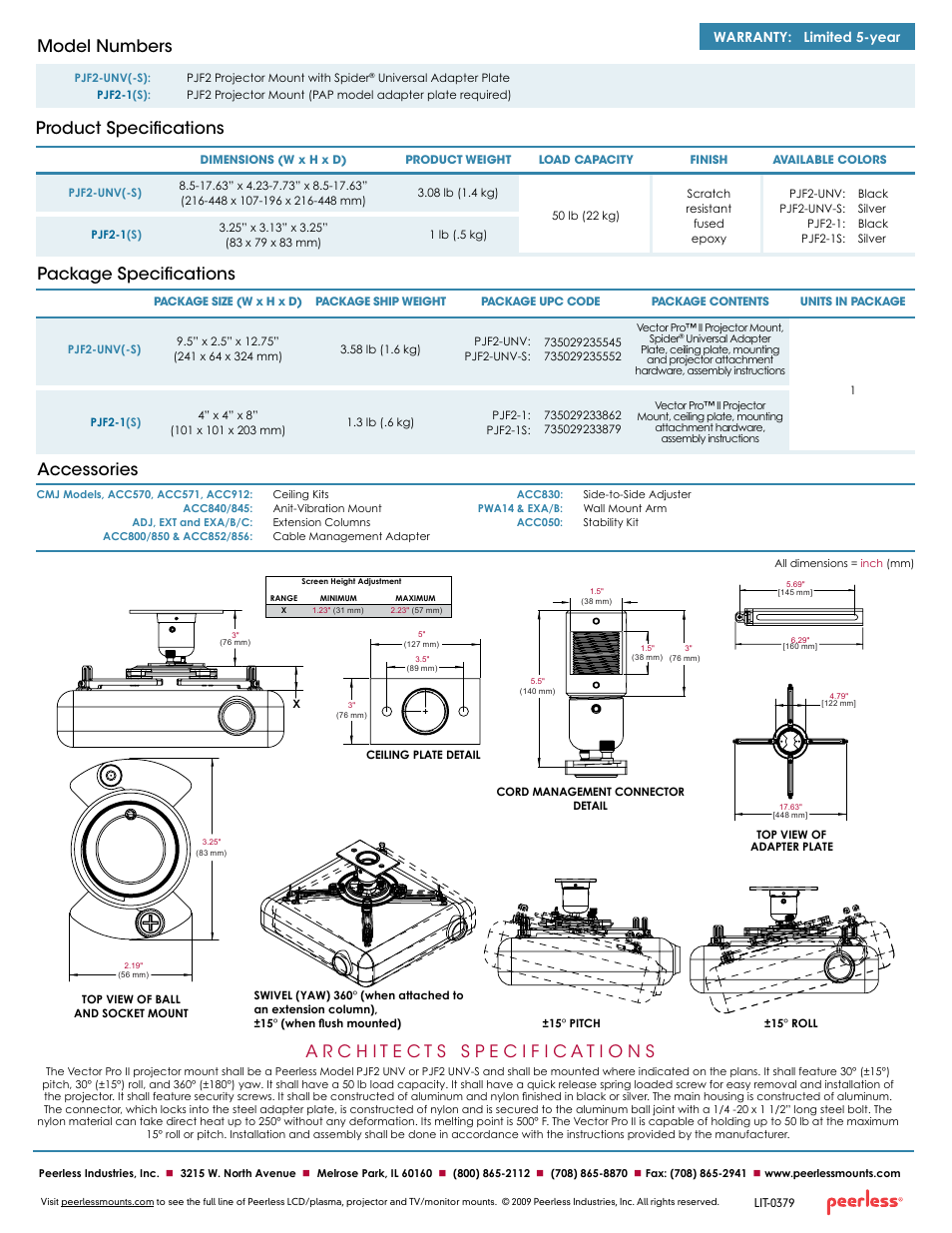 Package specifications accessories, Product specifications model numbers, Warranty: limited 5-year | Peerless-AV PJF2-UNV-S  - Sell Sheet User Manual | Page 2 / 2