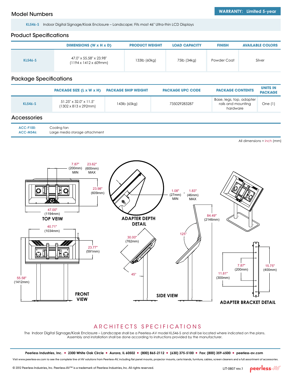 Product specifications model numbers, Package specifications accessories | Peerless-AV KL546-S  - Sell Sheet User Manual | Page 2 / 2