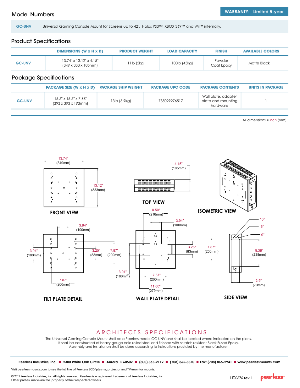 Package specifications, Product specifications model numbers | Peerless-AV GC-UNV  - Sell Sheet User Manual | Page 2 / 2