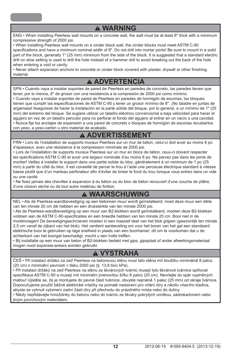 Warning, Waarschuwing, Advertissement | Advertencia, Výstraha | Peerless-AV SP746PU - Installation User Manual | Page 12 / 24