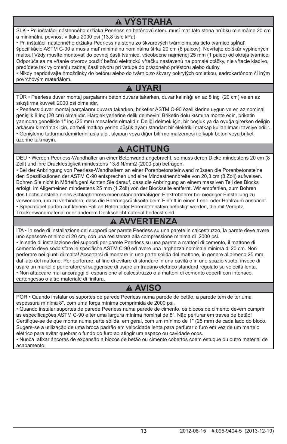 Uyari, Aviso, Výstraha | Avvertenza, Achtung | Peerless-AV SP746PU - Installation User Manual | Page 13 / 24