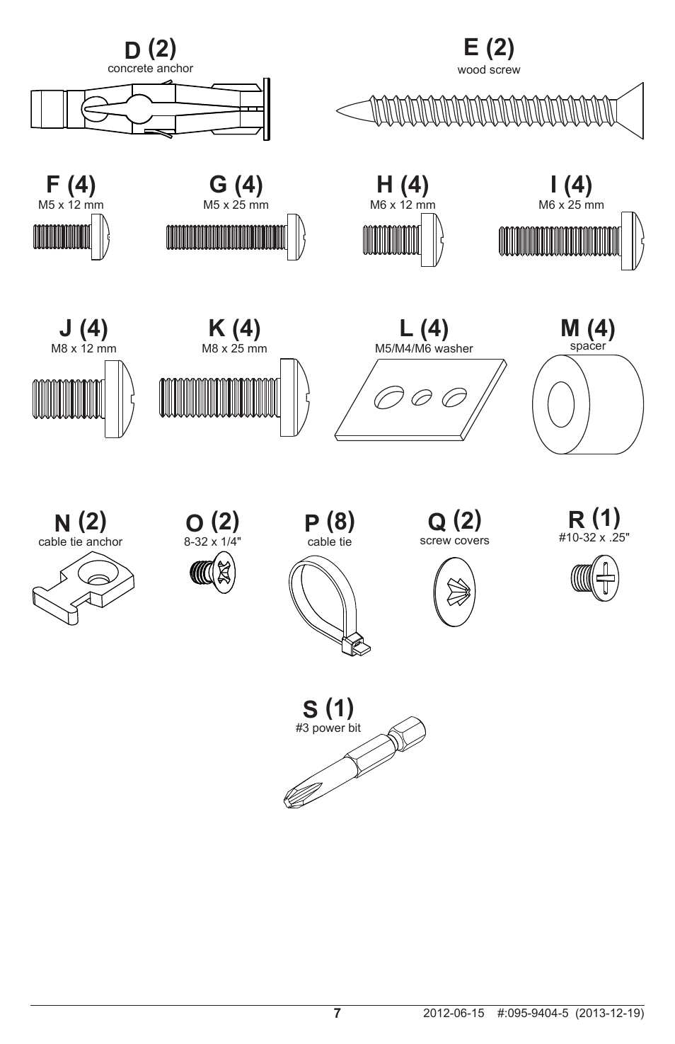 S (1), N (2), P (8) | O (2) f (4), G (4), H (4), I (4), L (4), J (4), K (4) | Peerless-AV SP746PU - Installation User Manual | Page 7 / 24