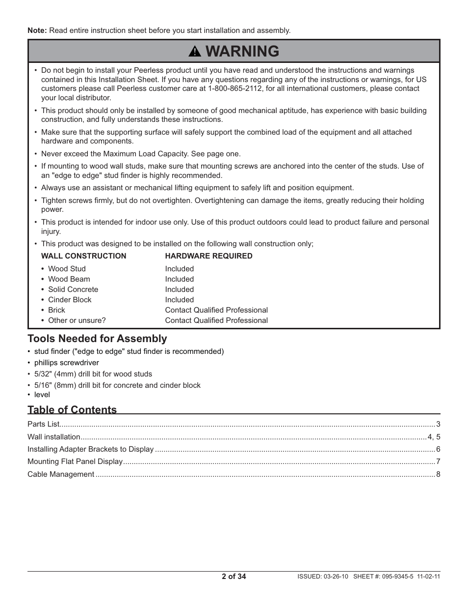 Peerless-AV SA752P - Installation User Manual | Page 2 / 34