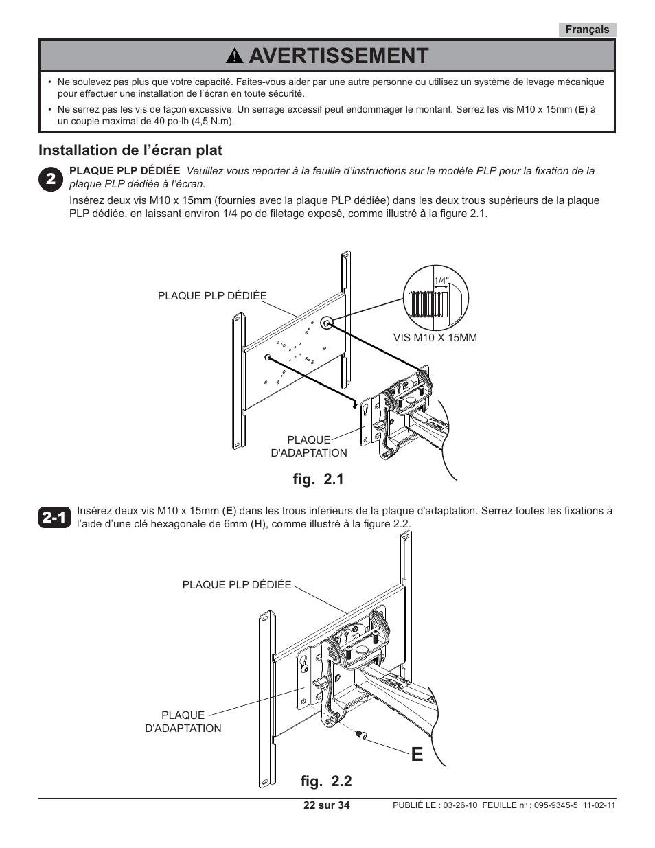 Avertissement, Installation de l’écran plat, Fi g. 2.1 | Fi g. 2.2 | Peerless-AV SA752P - Installation User Manual | Page 22 / 34