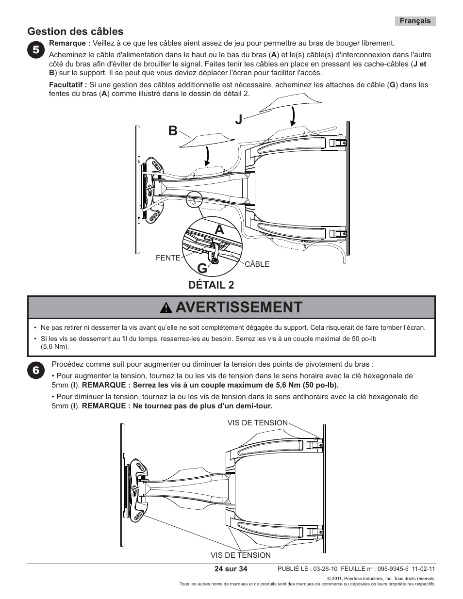 Avertissement, Ag b j, Gestion des câbles | Détail 2 | Peerless-AV SA752P - Installation User Manual | Page 24 / 34