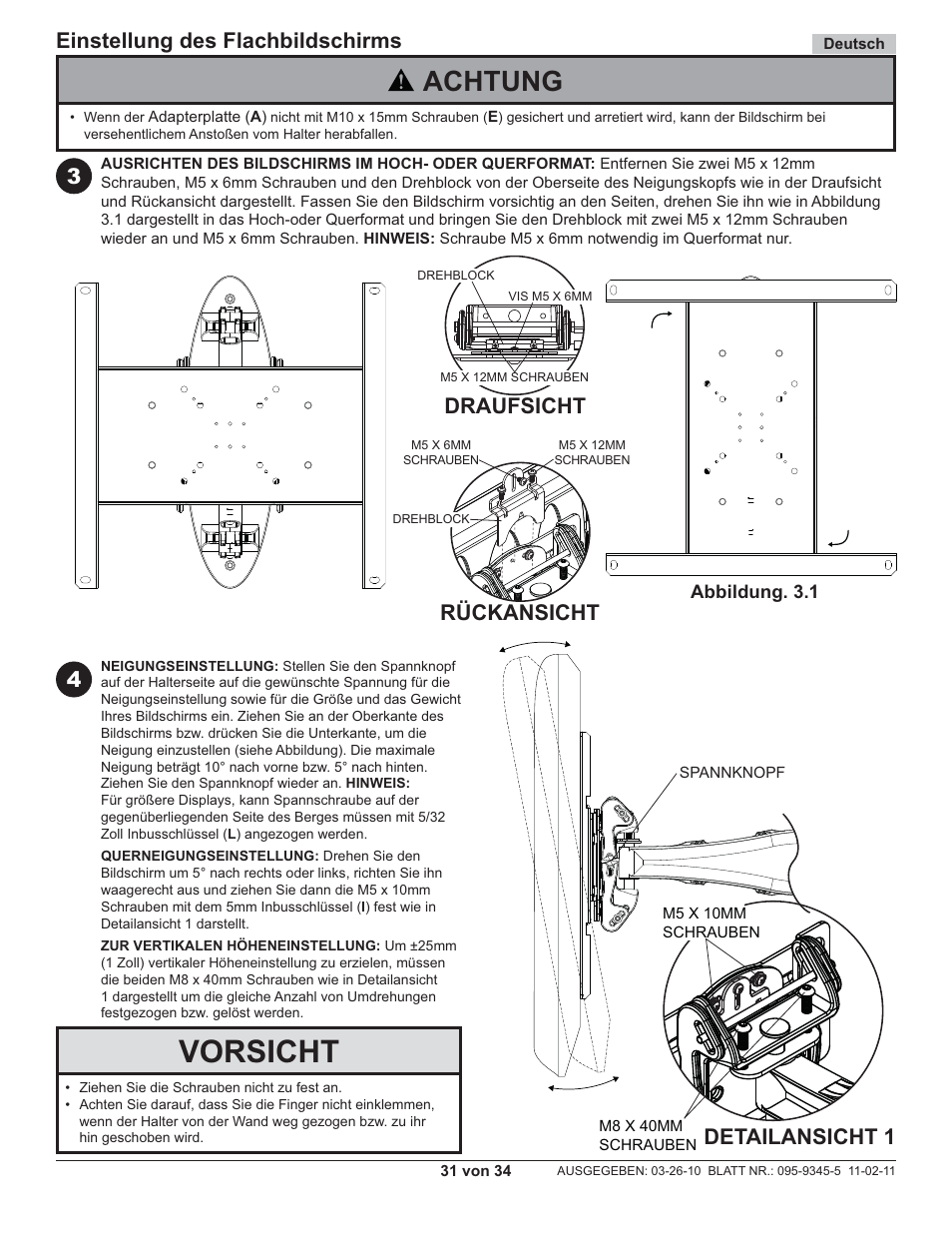 Vorsicht, Achtung, Einstellung des flachbildschirms 4 | Detailansicht 1, Draufsicht rückansicht | Peerless-AV SA752P - Installation User Manual | Page 31 / 34