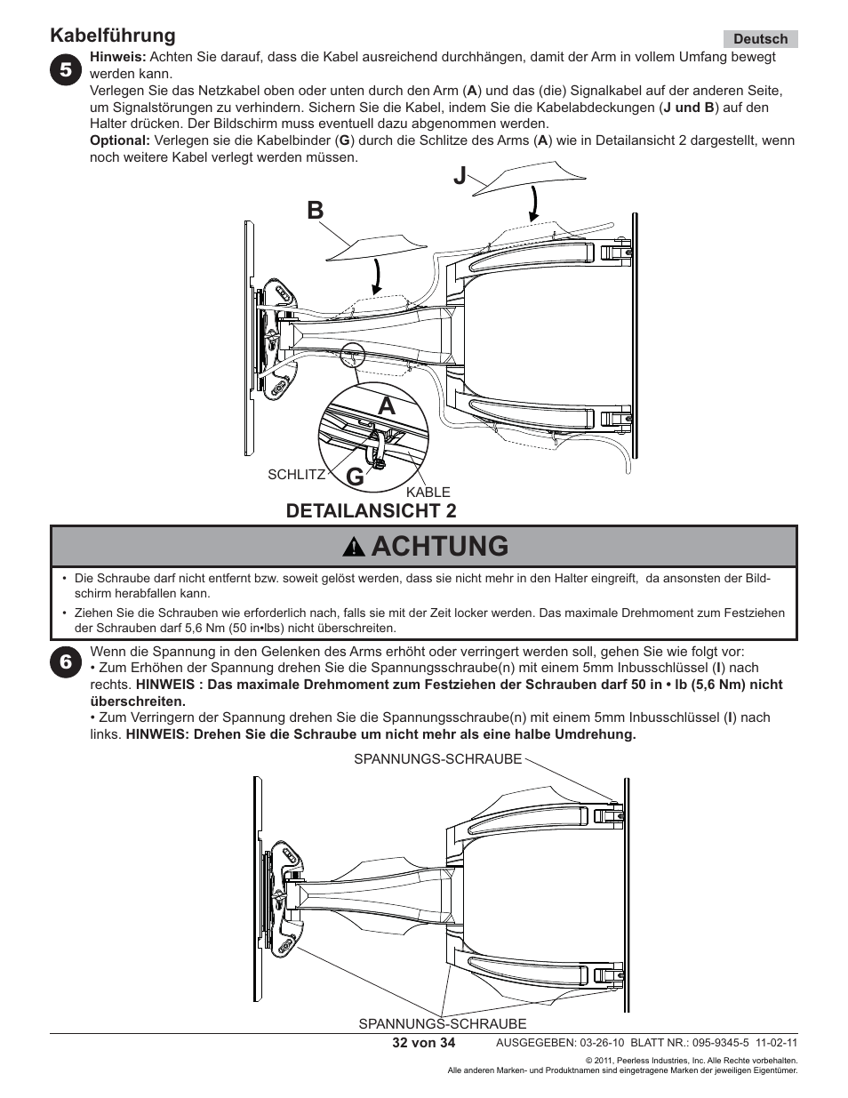 Achtung, Ag j | Peerless-AV SA752P - Installation User Manual | Page 32 / 34