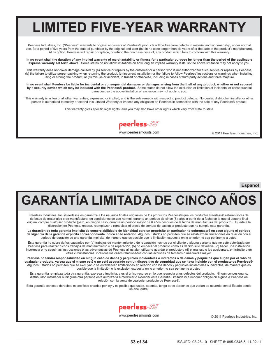 Limited five-year warranty, Garantía limitada de cinco años | Peerless-AV SA752P - Installation User Manual | Page 33 / 34