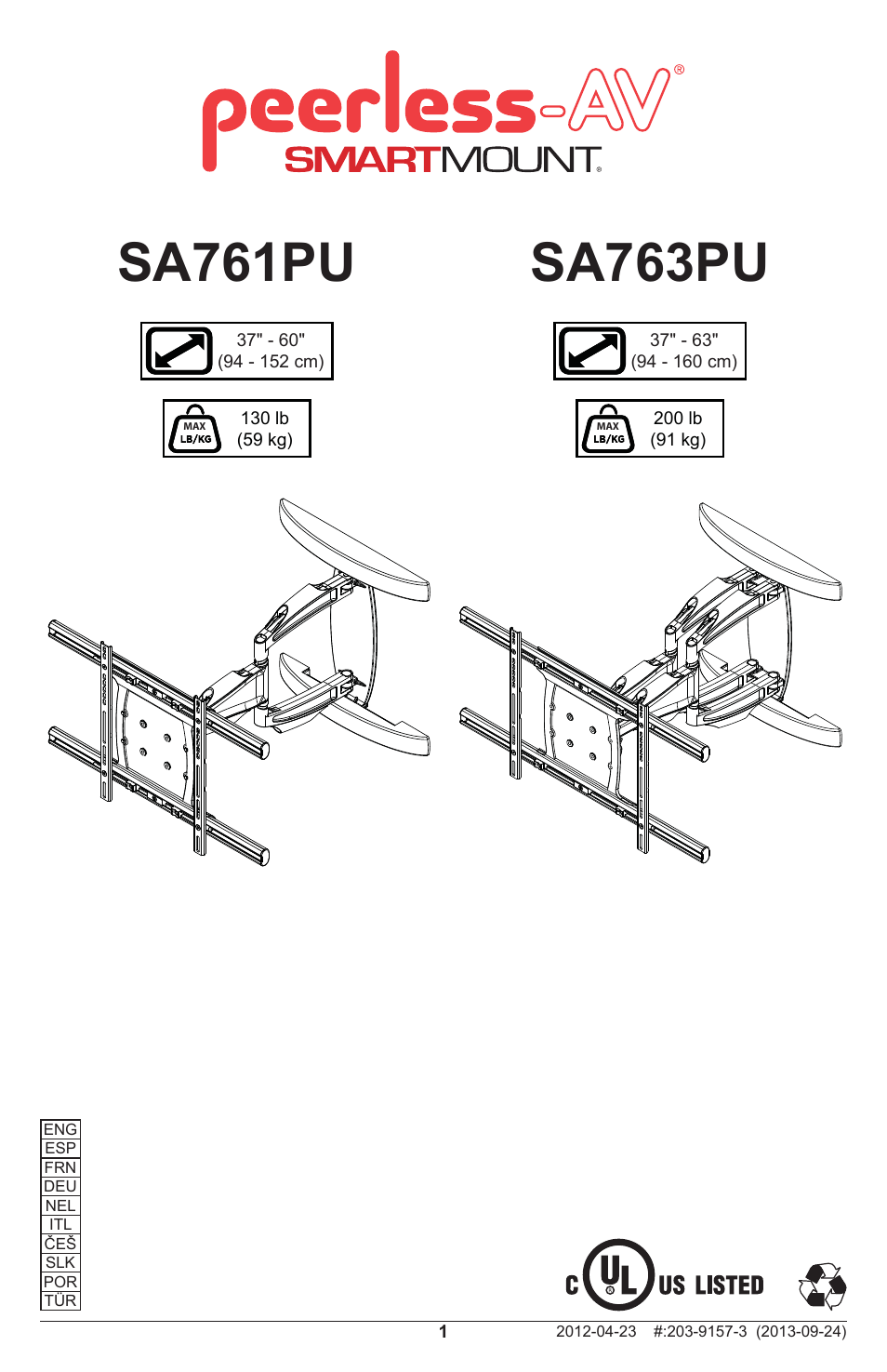 Peerless-AV SA763PU - Installation User Manual | 28 pages