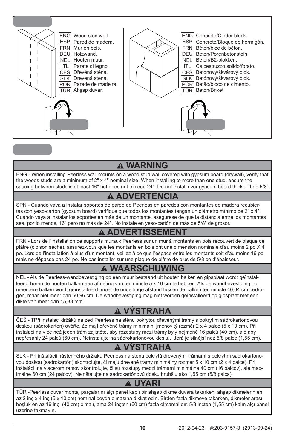 22b 2a, Výstraha, Advertencia | Waarschuwing, Advertissement, Uyari, Warning | Peerless-AV SA763PU - Installation User Manual | Page 10 / 28