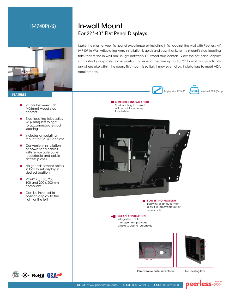 Peerless-AV IM740P-S  - Sell Sheet User Manual | 2 pages