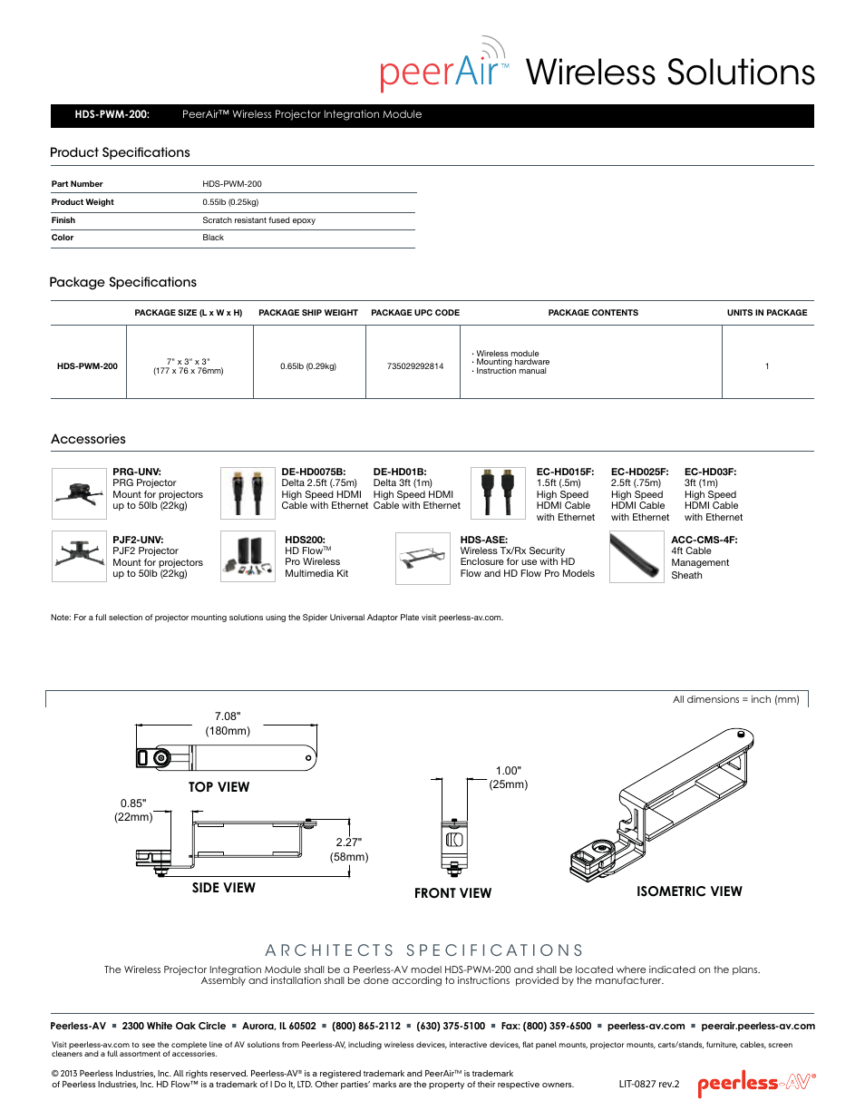 Wireless solutions, Accessories, Package specifications | Product specifications, Isometric view side view top view front view | Peerless-AV HDS-PWM-200  - Sell Sheet User Manual | Page 2 / 2