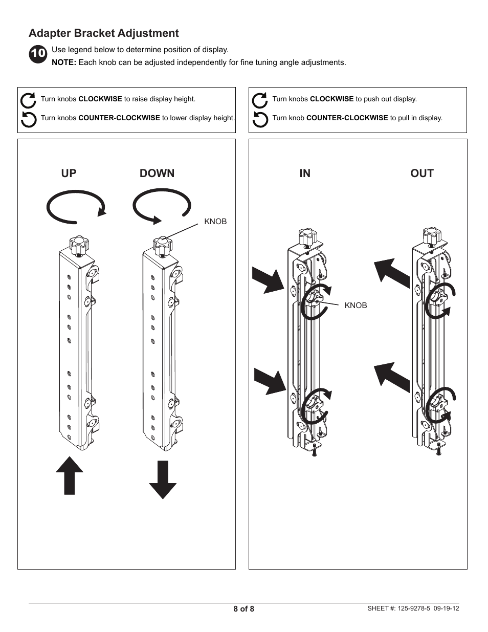 Adapter bracket adjustment up down in out | Peerless-AV DS-VWT955-2X2 - Installation User Manual | Page 8 / 8
