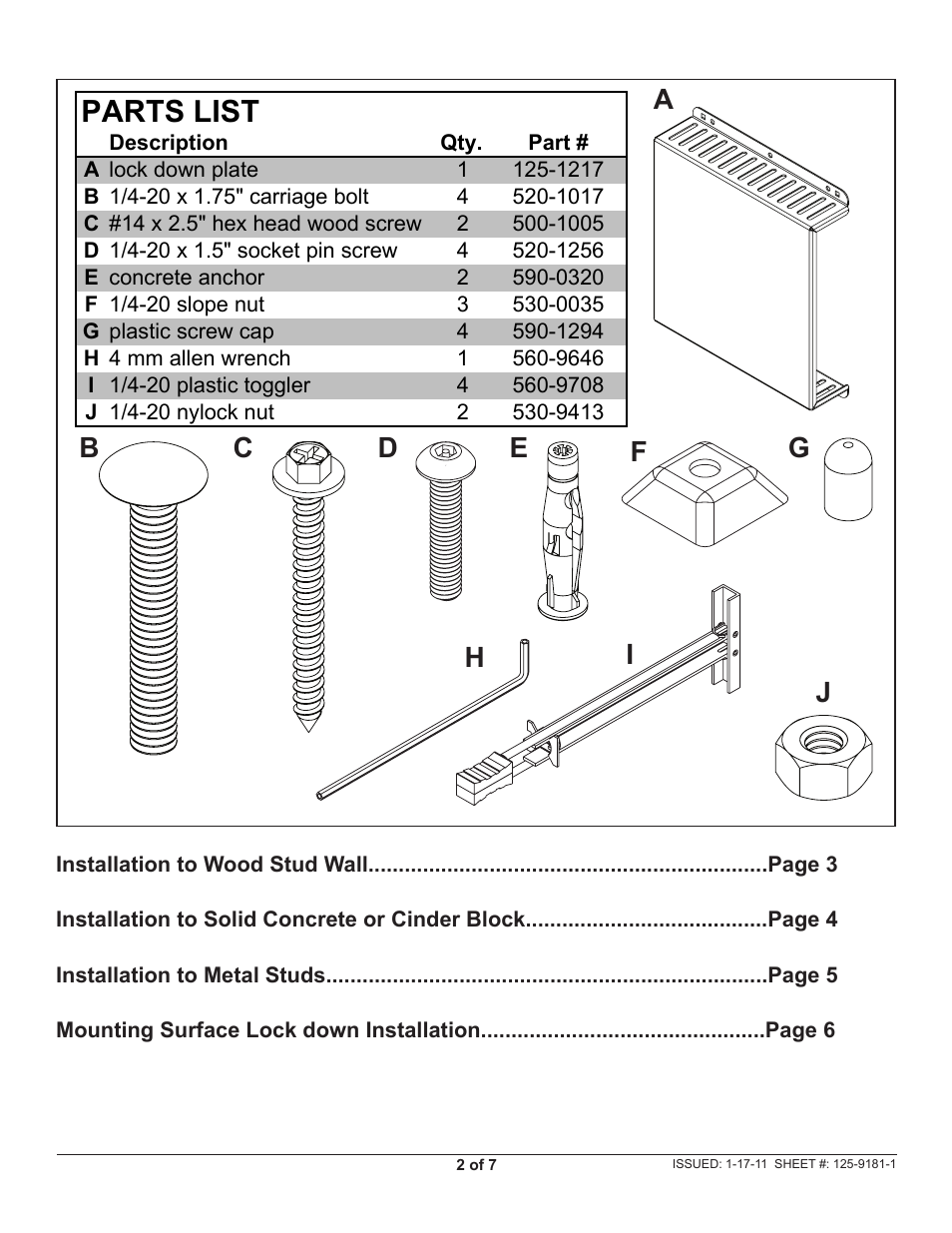 Parts list | Peerless-AV GC-PS3S - Installation User Manual | Page 2 / 7