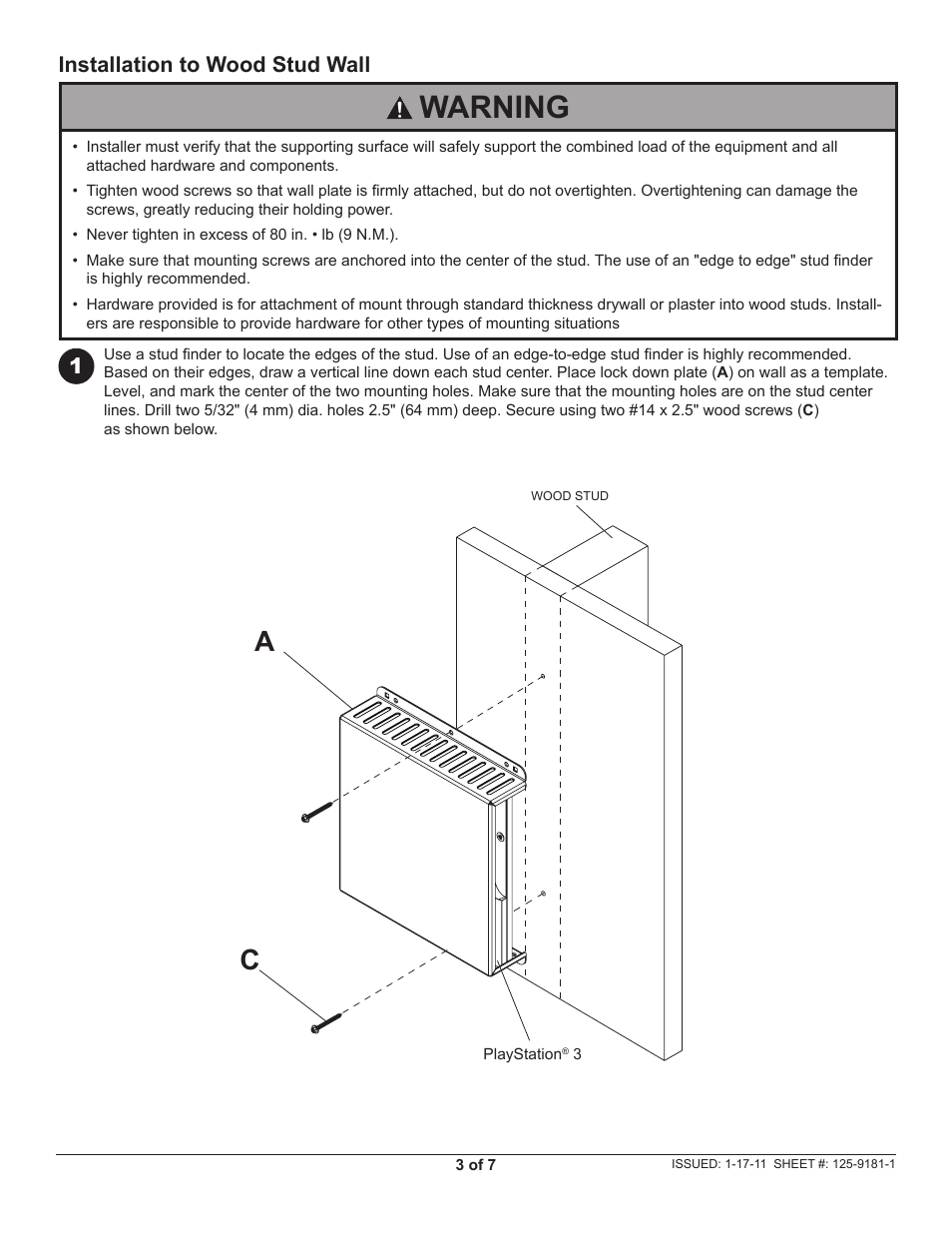 Warning, Installation to wood stud wall | Peerless-AV GC-PS3S - Installation User Manual | Page 3 / 7