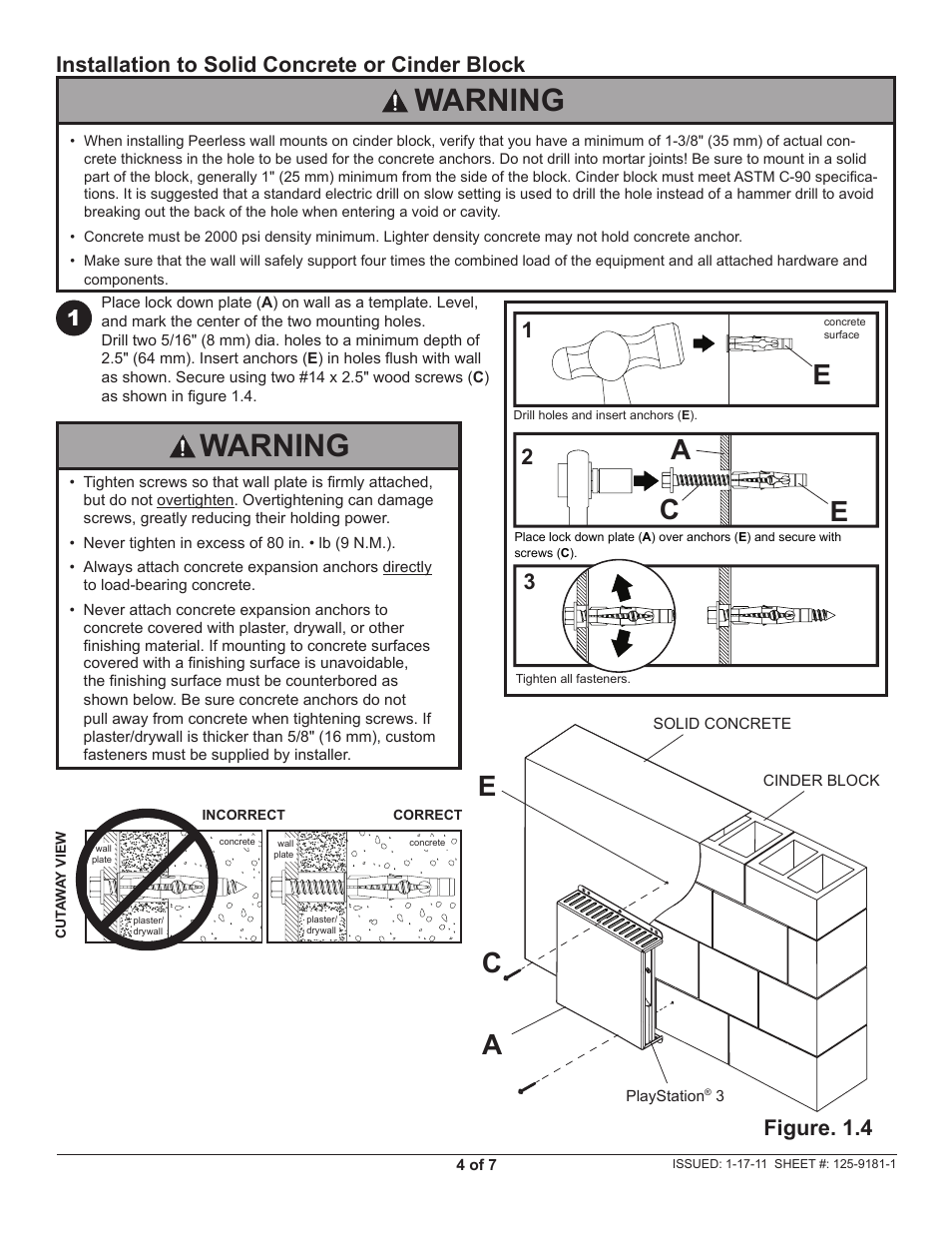 Warning, Ae c, Ac e | Installation to solid concrete or cinder block, Figure. 1.4 | Peerless-AV GC-PS3S - Installation User Manual | Page 4 / 7