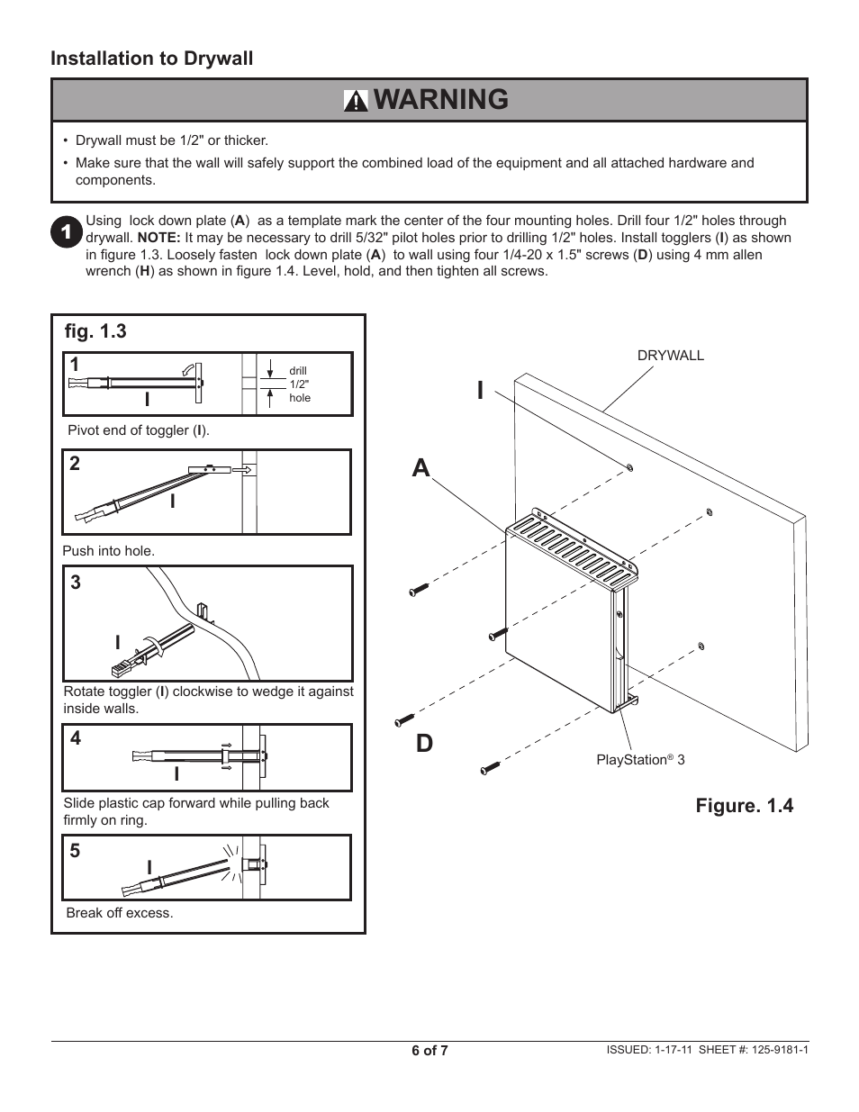 Warning, Da i | Peerless-AV GC-PS3S - Installation User Manual | Page 6 / 7