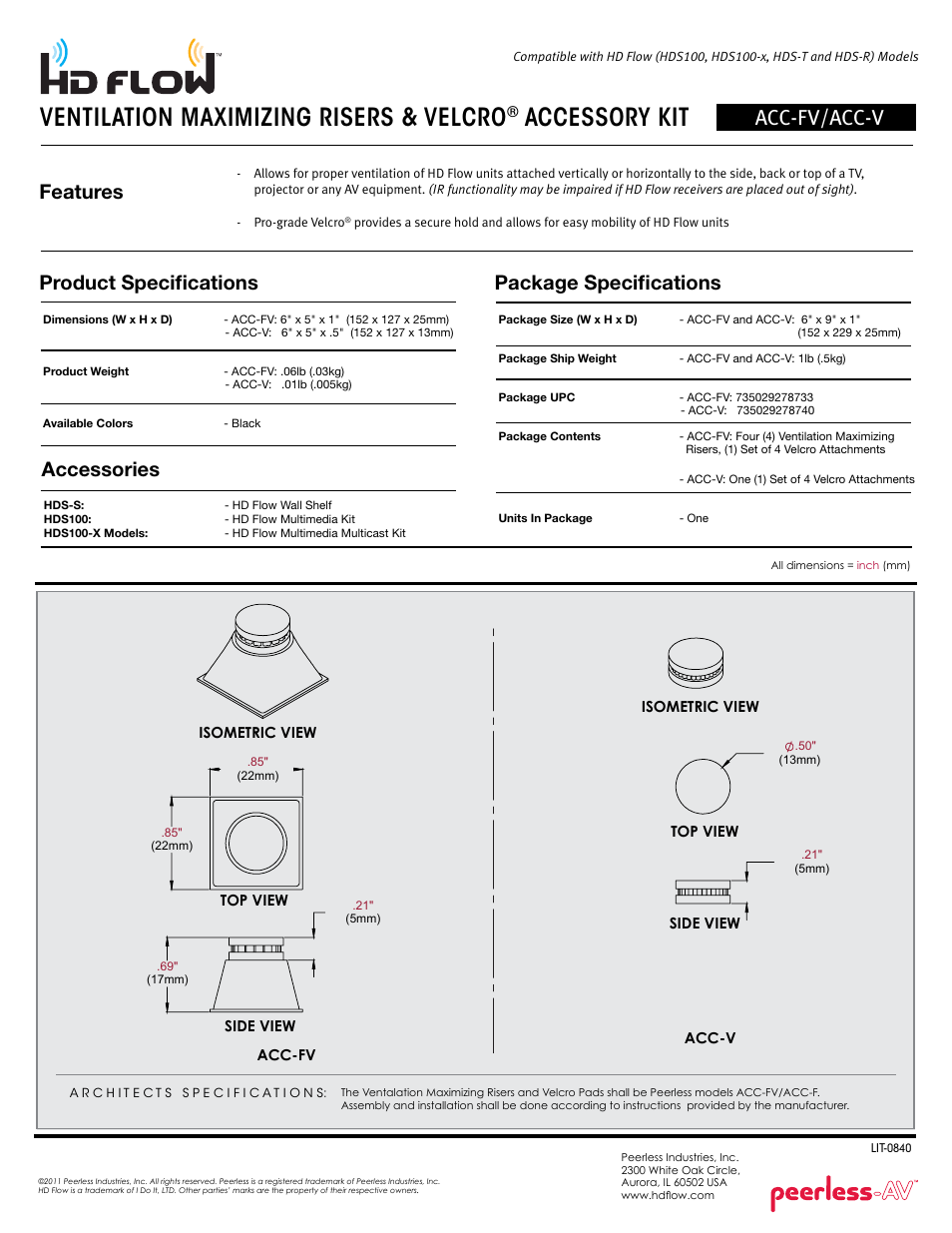 Ventilation maximizing risers & velcro, Accessory kit, Acc-fv/acc-v | Product specifications, Features package specifications, Accessories | Peerless-AV ACC-V  - Sell Sheet User Manual | Page 2 / 2