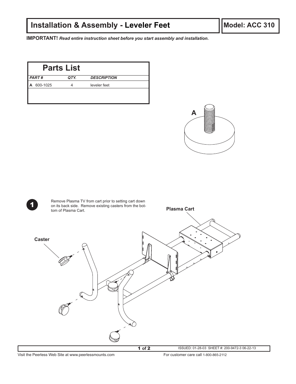 Peerless-AV ACC310 - Installation User Manual | 2 pages