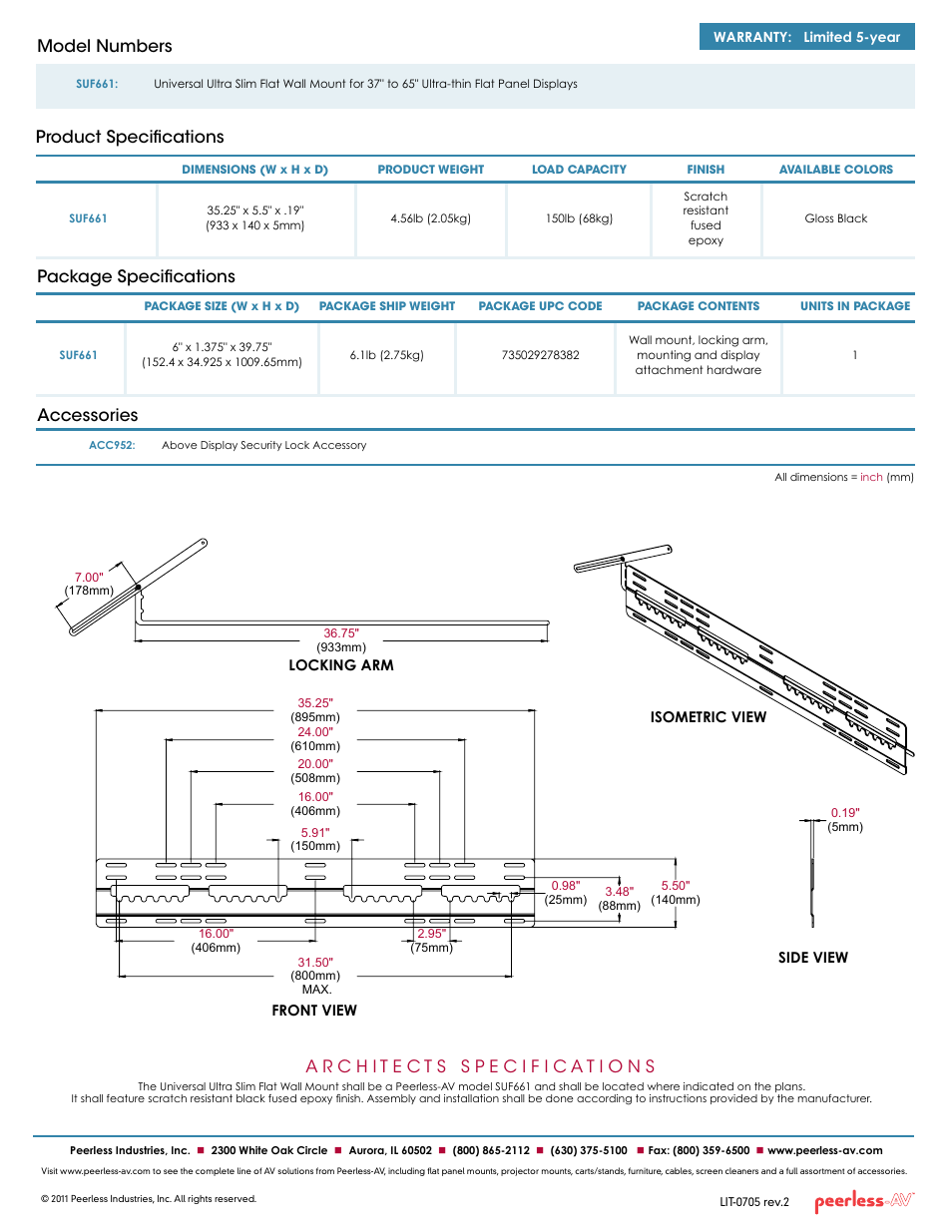Package specifications accessories, Product specifications model numbers | Peerless-AV SUF661  - Sell Sheet User Manual | Page 2 / 2