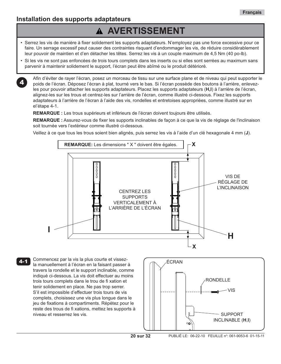 Avertissement, Installation des supports adaptateurs | Peerless-AV EPMU-08-S - Installation User Manual | Page 20 / 32
