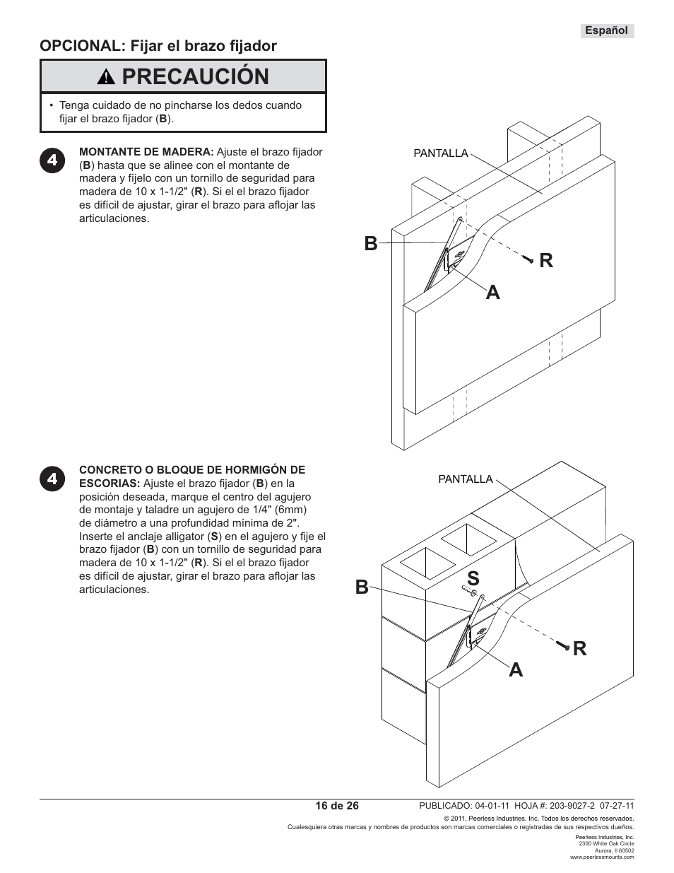Precaución | Peerless-AV SUF641 - Installation User Manual | Page 16 / 26