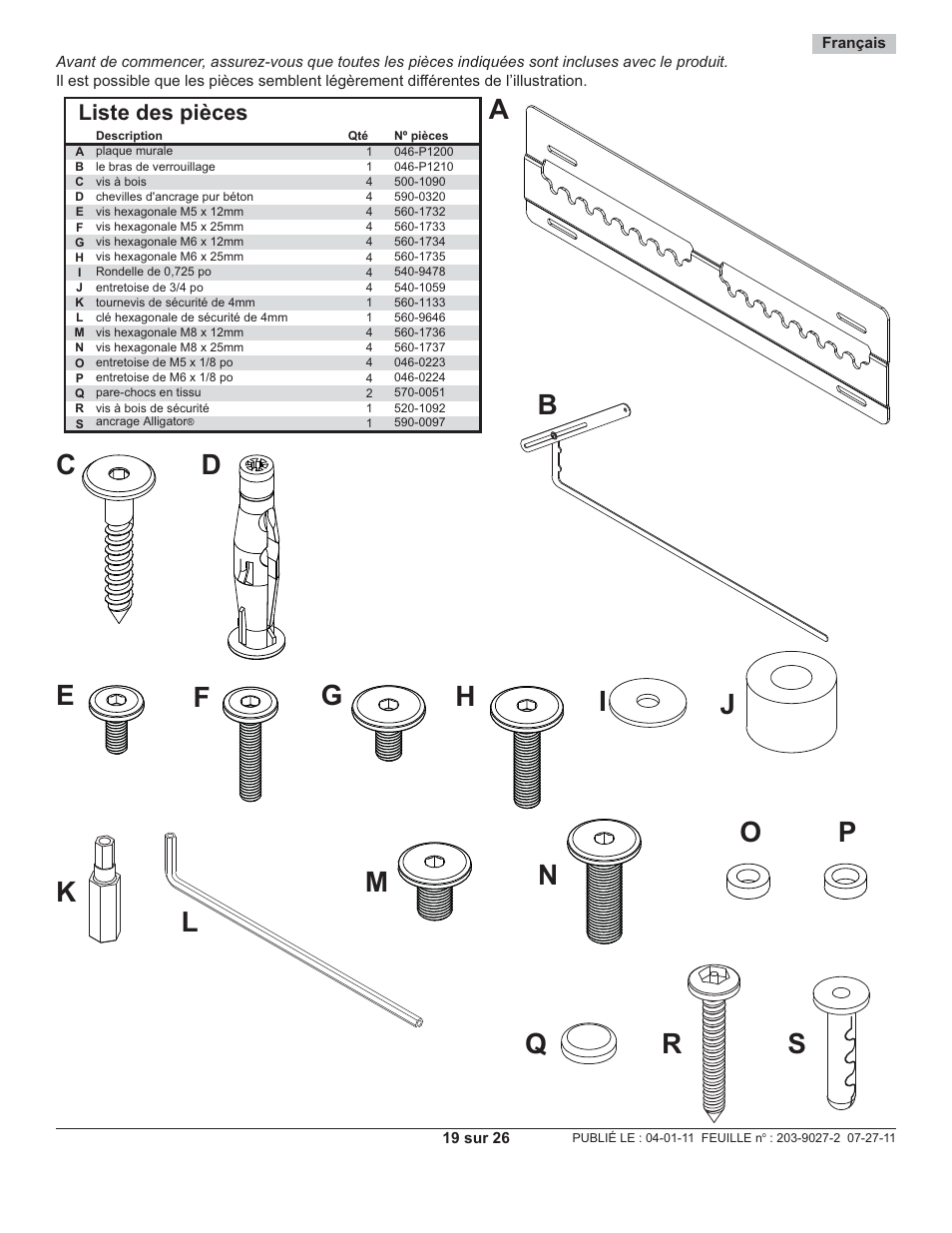 Liste des pièces | Peerless-AV SUF641 - Installation User Manual | Page 19 / 26
