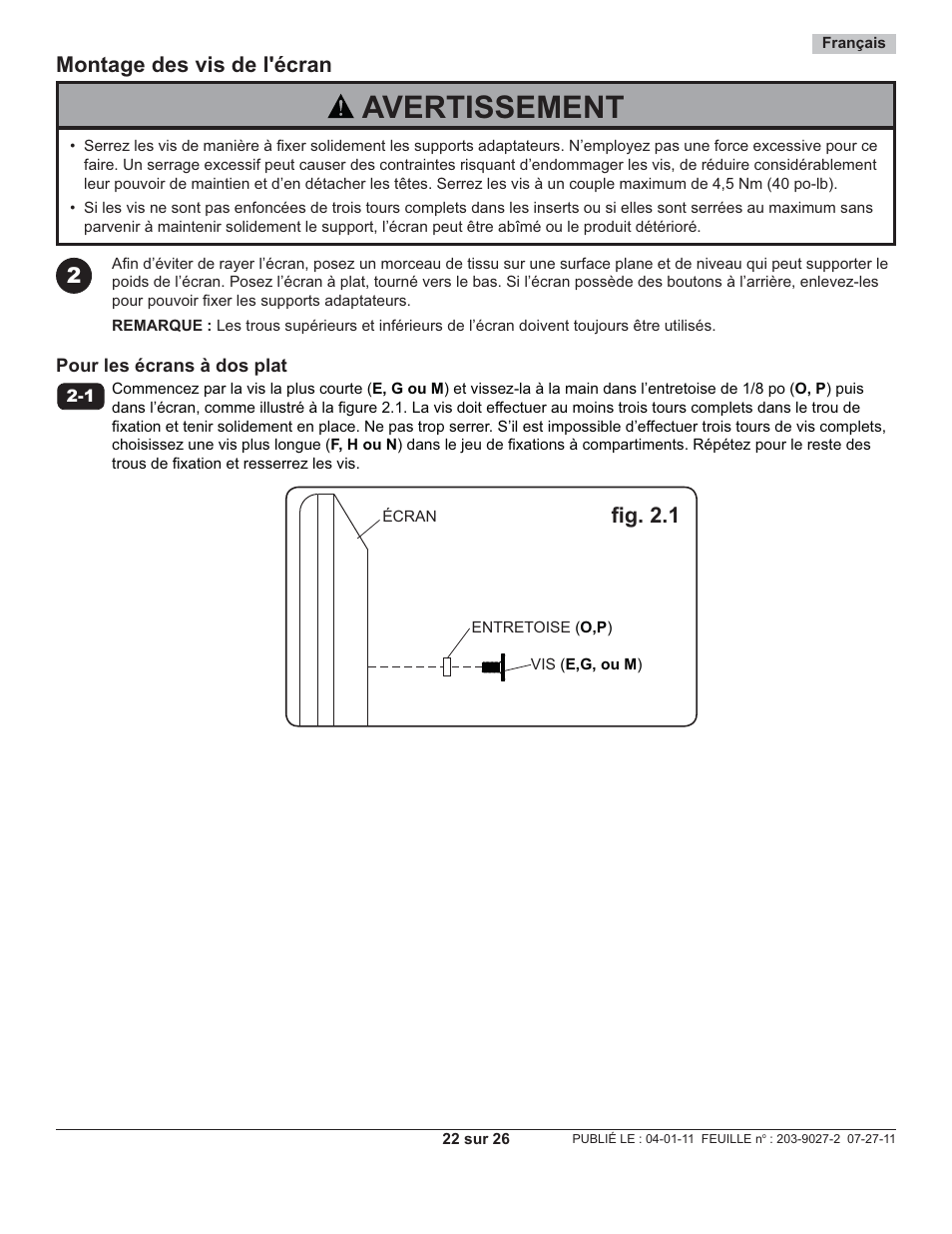 Avertissement, Montage des vis de l'écran, Fi g. 2.1 | Peerless-AV SUF641 - Installation User Manual | Page 22 / 26