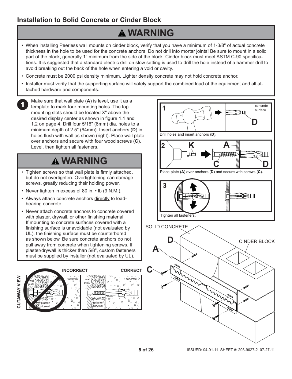 Warning, Ca d, Ak d c | Installation to solid concrete or cinder block | Peerless-AV SUF641 - Installation User Manual | Page 5 / 26