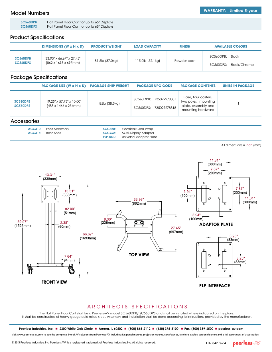 Package specifications, Product specifications model numbers, Accessories | Peerless-AV SC560DPS  - Sell Sheet User Manual | Page 2 / 2