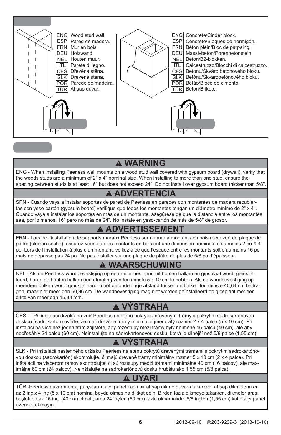 11b 1a, Výstraha, Advertencia | Waarschuwing, Advertissement, Uyari, Warning | Peerless-AV SAL724 - Installation User Manual | Page 6 / 20