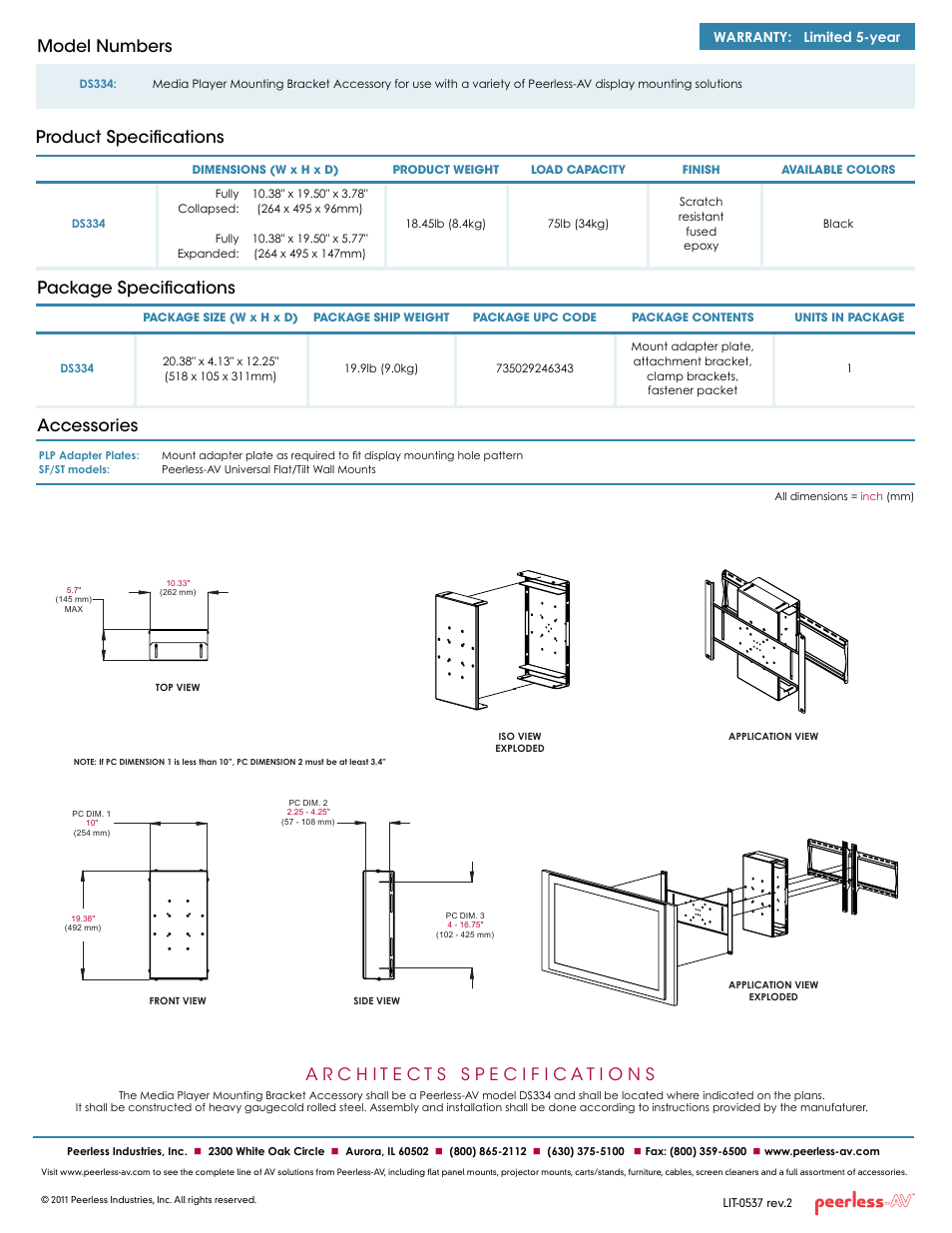 Package specifications accessories, Product specifications model numbers, Warranty: limited 5-year | Peerless-AV DS334  - Sell Sheet User Manual | Page 2 / 2