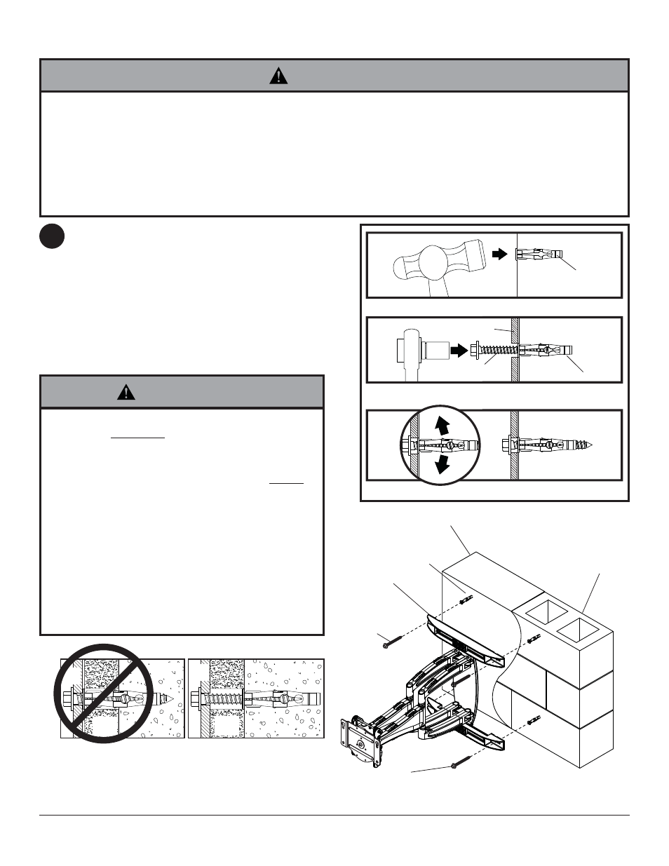 Warning, Ad c,m, Installation to solid concrete or cinder block | Fi g. 2.3 | Peerless-AV WL-ESA763PU-200 - Installation User Manual | Page 7 / 25